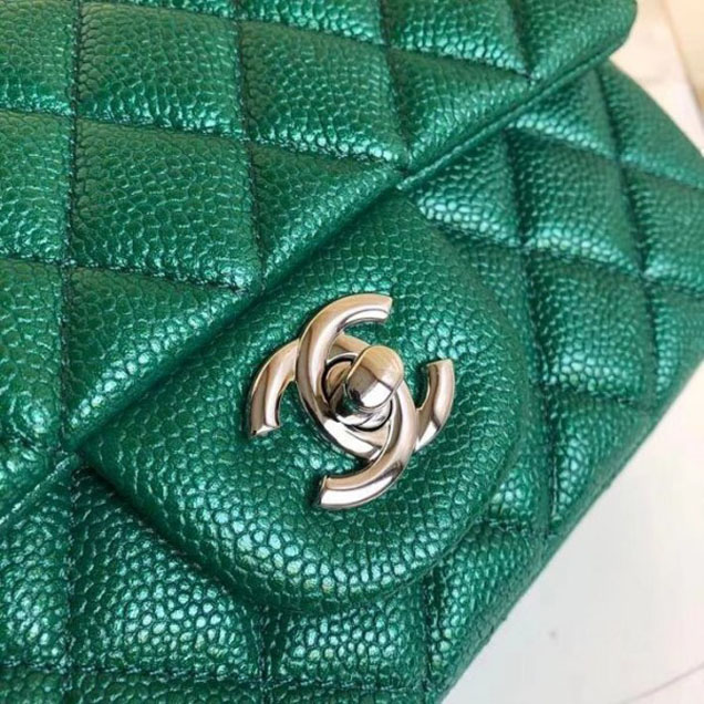 Chanel Pearl Caviar Leather Classic Flap Small Bag Green 2018