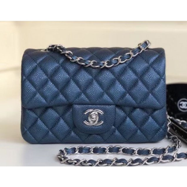 Chanel Pearl Caviar Leather Classic Flap Small Bag Navy Blue 2018