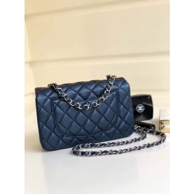 Chanel Pearl Caviar Leather Classic Flap Small Bag Navy Blue 2018