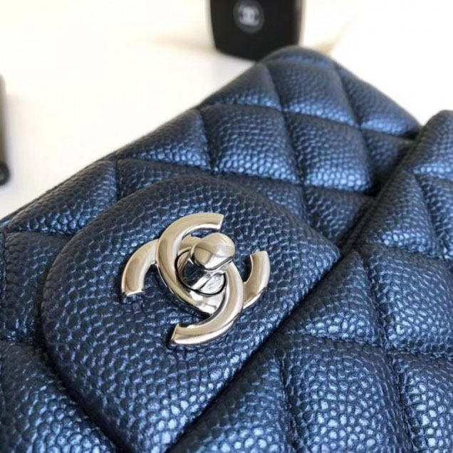 Chanel Pearl Caviar Leather Classic Flap Small Bag Navy Blue 2018