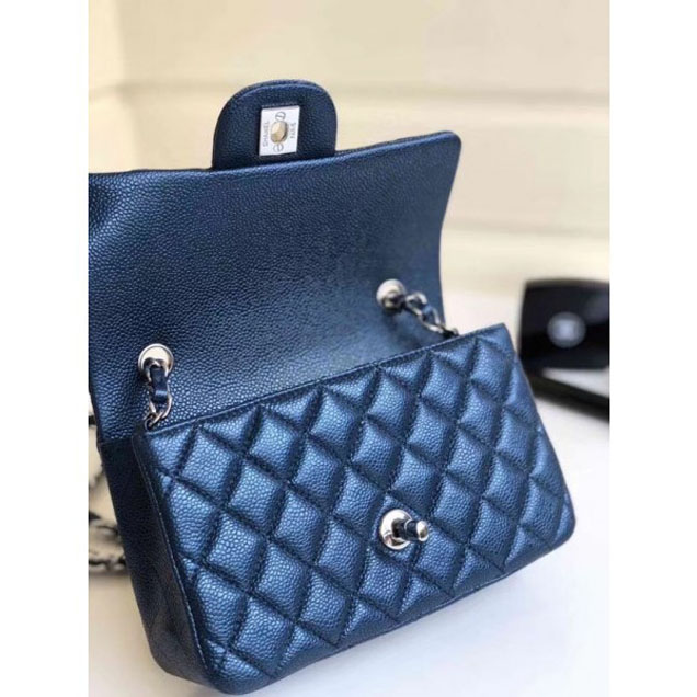 Chanel Pearl Caviar Leather Classic Flap Small Bag Navy Blue 2018