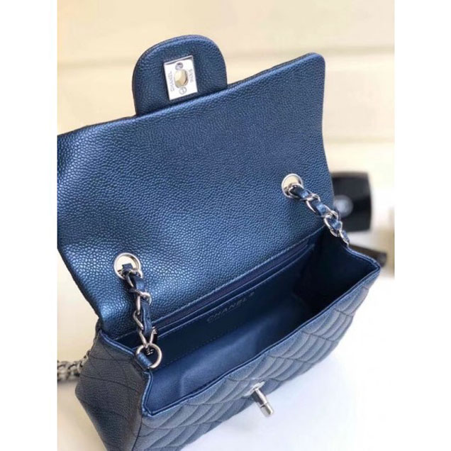 Chanel Pearl Caviar Leather Classic Flap Small Bag Navy Blue 2018