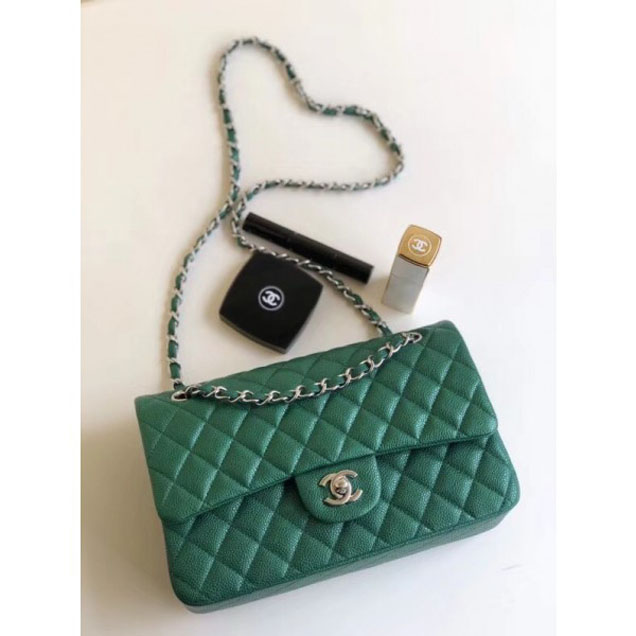 Chanel Pearl Caviar Leather Classic Flap Medium Bag Green 2018