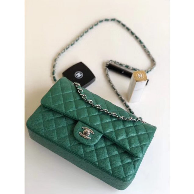 Chanel Pearl Caviar Leather Classic Flap Medium Bag Green 2018
