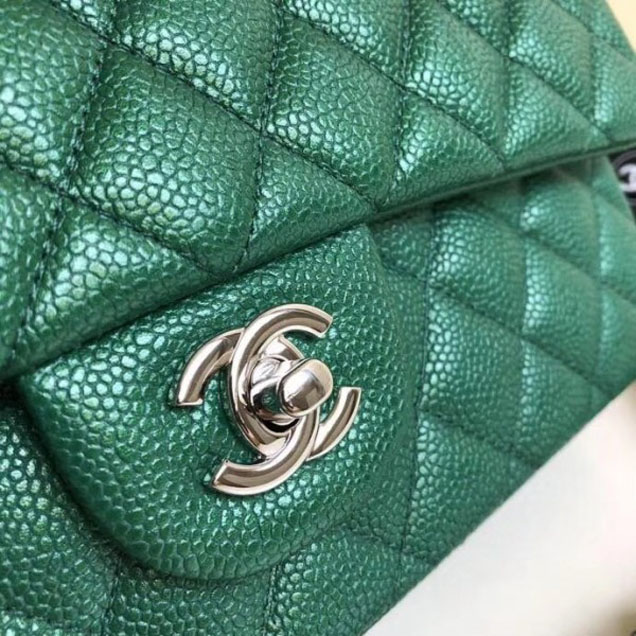Chanel Pearl Caviar Leather Classic Flap Medium Bag Green 2018