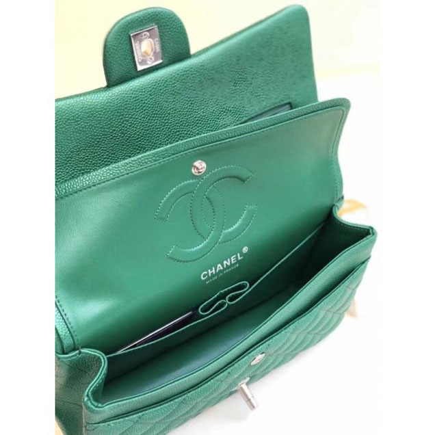 Chanel Pearl Caviar Leather Classic Flap Medium Bag Green 2018