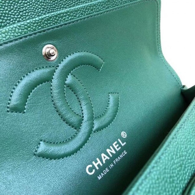 Chanel Pearl Caviar Leather Classic Flap Medium Bag Green 2018