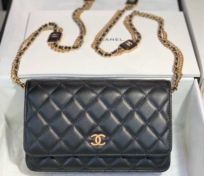 Chanel Lambskin Wallet on Chain WOC with CC Patch AP2923 Black 2022