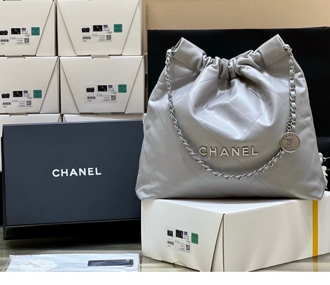 Chanel 22 Shiny Calfskin Medium Shopping Bag AS3261 Grey/Silver 2022 Top Quality