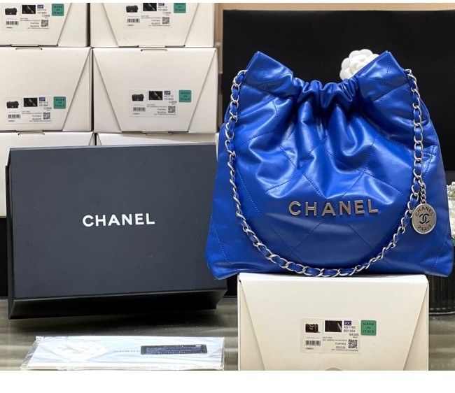 Chanel 22 Shiny Calfskin Small Shopping Bag AS3260 Blue/Silver 2022 Top Quality