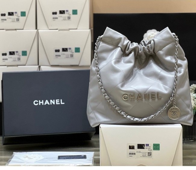 Chanel 22 Shiny Calfskin Small Shopping Bag AS3260 Grey/Silver 2022 Top Quality