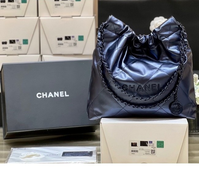 Chanel 22 Metallic Calfskin Small Shopping Bag AS3260 Navy Blue 2022 Top Quality