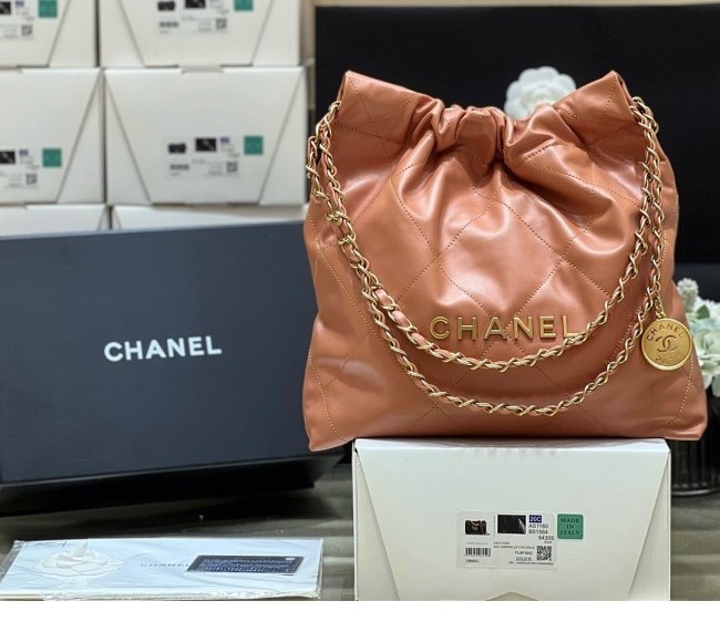 Chanel 22 Shiny Calfskin Small Shopping Bag AS3260 Camel 2022 Top Quality