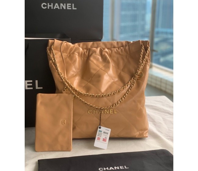 Chanel 22 Shiny Calfskin Large Shopping Bag AS3262 Camel 2022