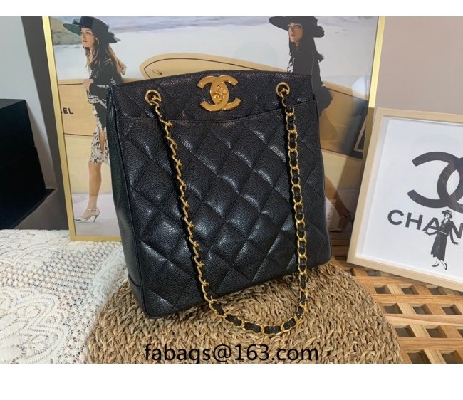 Chanel Vintage Grained Leather Vertical Shopping Bag Black/Gold 2022 A99