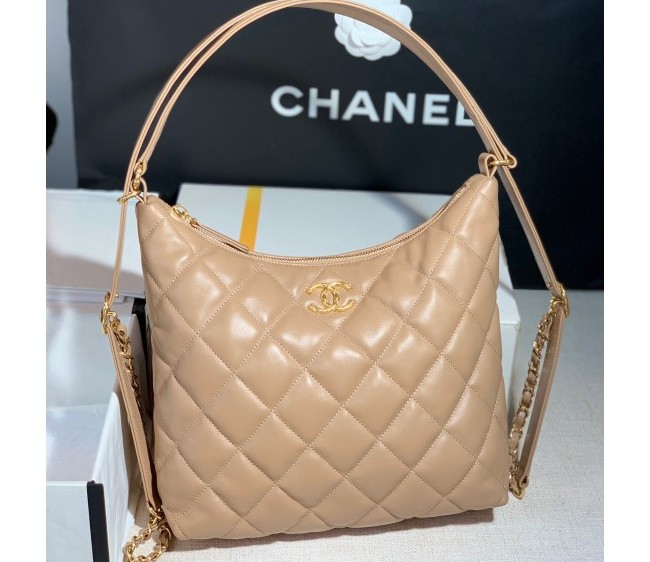 Chanel Lambskin & Gold-Tone Metal Large Hobo Bag Beige 2022