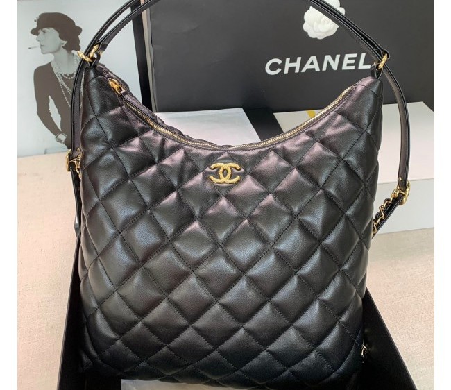 Chanel Lambskin & Gold-Tone Metal Maxi Hobo Bag Black 2022