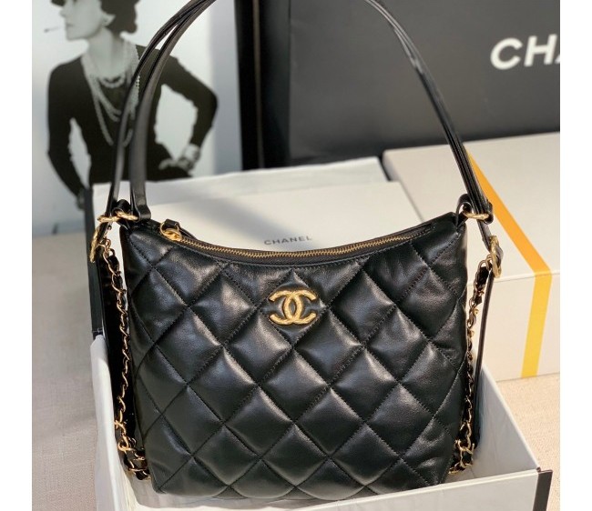 Chanel Lambskin & Gold-Tone Metal Small Hobo Bag Black 2022