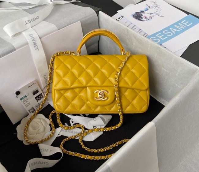 Chanel Lambskin Mini Flap Bag with Top Handle AS2431 Yellow 2022