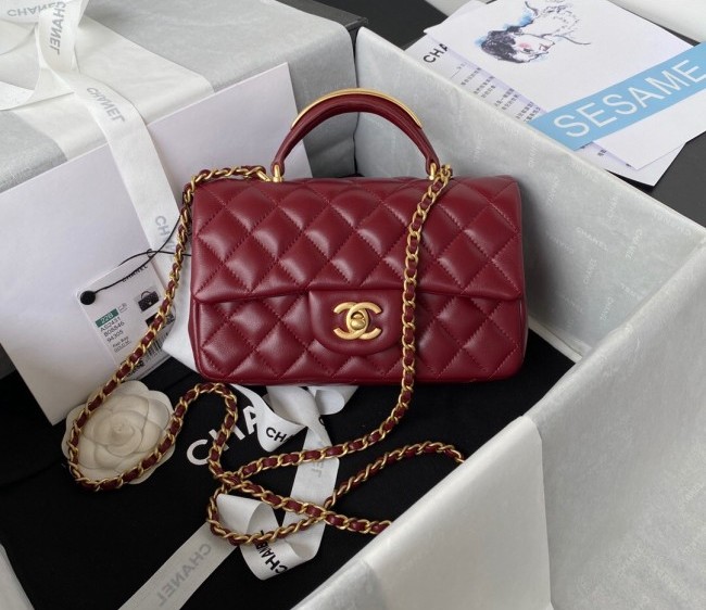 Chanel Lambskin Mini Flap Bag with Top Handle AS2431 Burgundy 2022