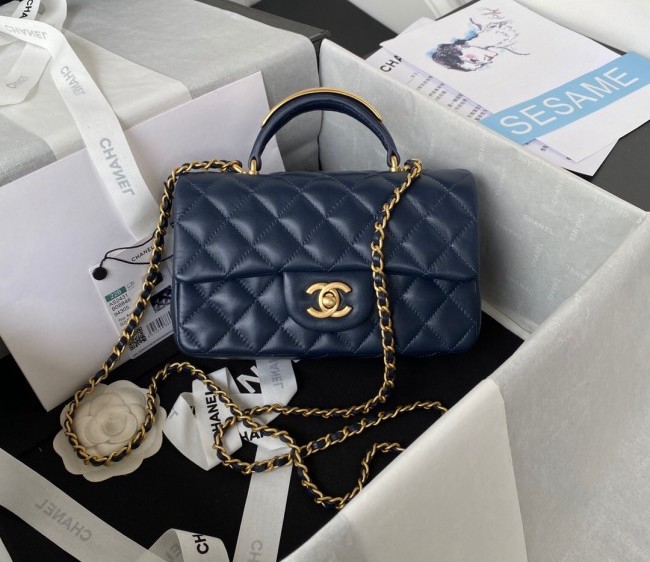 Chanel Lambskin Mini Flap Bag with Top Handle AS2431 Navy Blue 2022