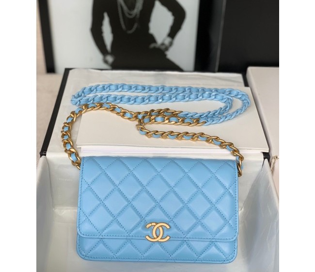 Chanel Lambskin Wallet on Chain with Epoxy & Metal Chain Blue 2022