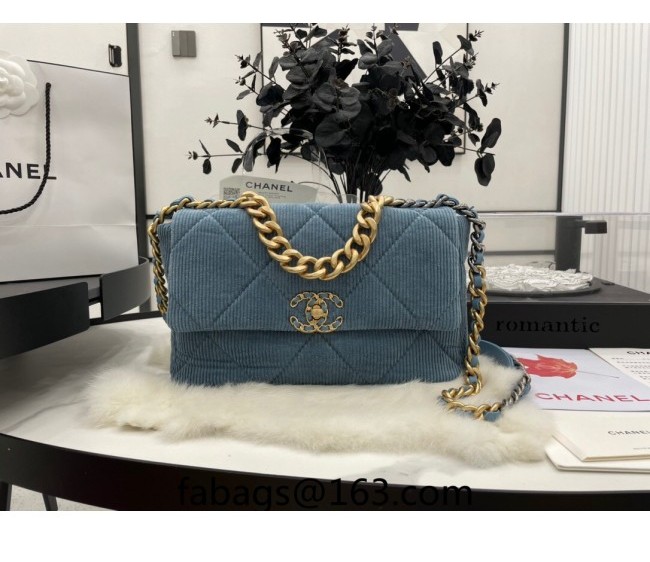 Chanel 19 Corduroy Large Flap Bag AS1161 Light Blue 2022