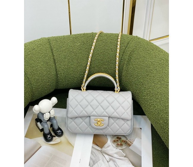 Chanel Lambskin Mini Flap Bag with Top Handle and Metal AS2431 Light Gray 2022