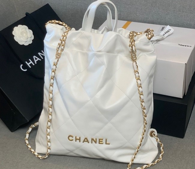 Chanel 22 Shiny Calfskin Backpack AS3313 White/Gold 2022 0730