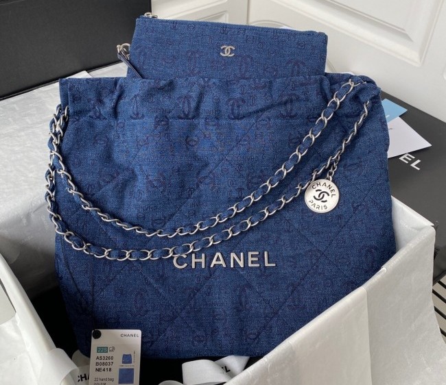 Chanel 22 CC Denim Small Shopping Bag AS3260 Blue/Silver 2022 0730 08