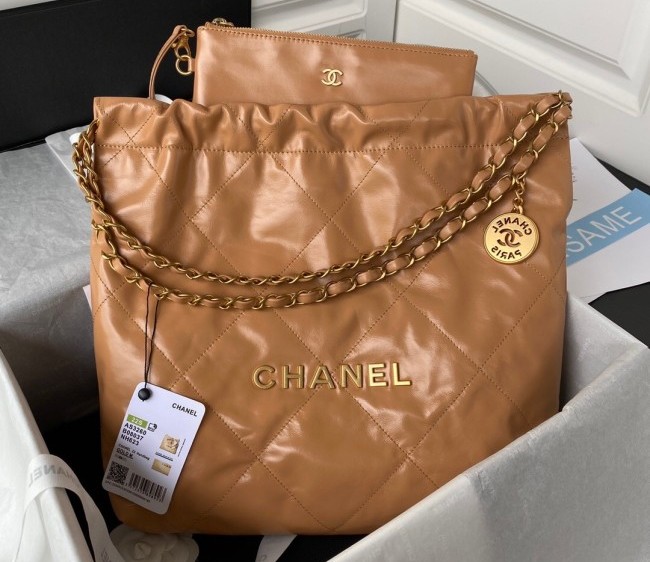 Chanel 22 Shiny Calfskin Small Shopping Bag AS3260 Camel Brown/Gold 2022 0730 05