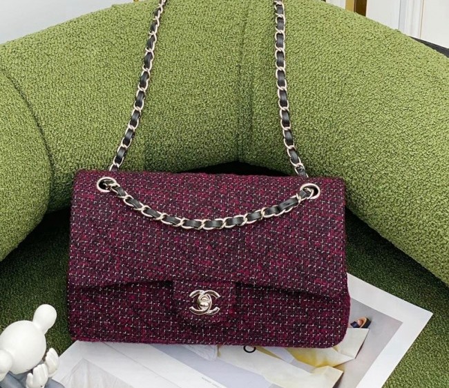 Chanel Wool Tweed Classic Flap Bag A01112 Dark Pink 2022