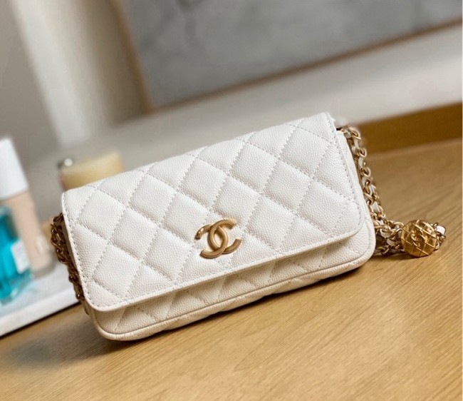 Chanel Grained Calfskin Belt Phone Holder Bag with Coin Charm White 2022 AP81210