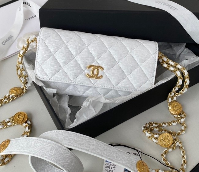 Chanel Grained Calfskin Mini Flap bag with Coin Chain AP2860 White 2022