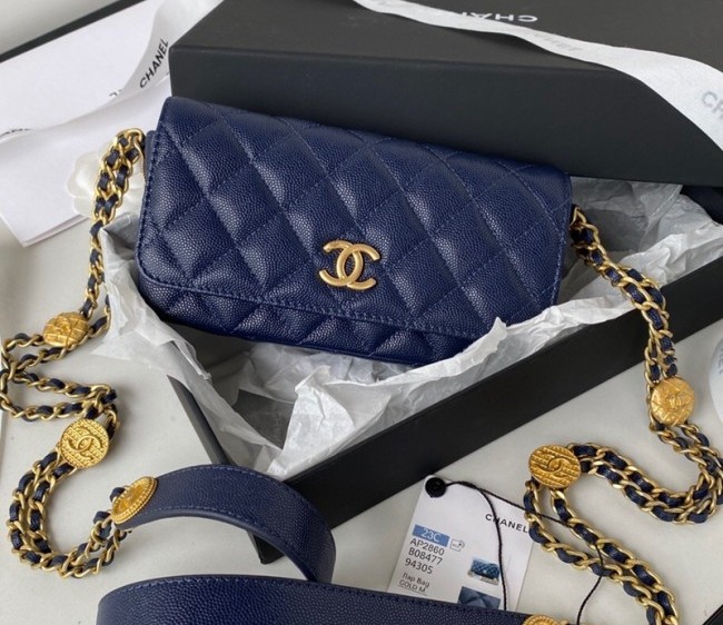 Chanel Grained Calfskin Mini Flap bag with Coin Chain AP2860 Navy Blue 2022