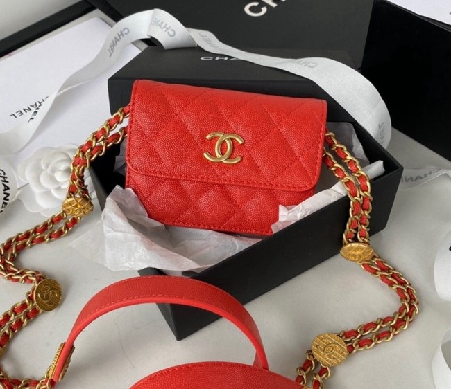 Chanel Grained Calfskin Clutch with Coin Chain AP2857 Red 2022