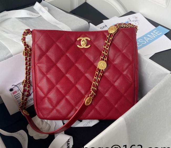 Chanel Grained Shiny Calfskin Bucket Bag AS3400 Red 2022