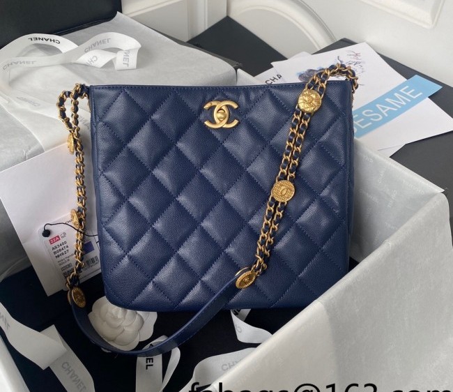 Chanel Grained Shiny Calfskin Bucket Bag AS3400 Navy Blue 2022