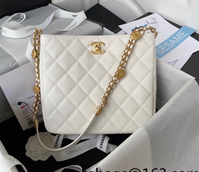 Chanel Grained Shiny Calfskin Bucket Bag AS3400 White 2022