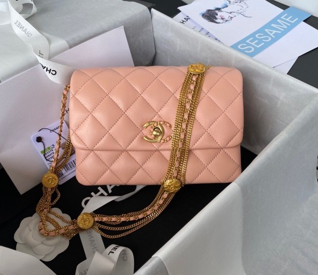 Chanel Lambskin Mini Flap Bag with Coin Chain AS3378 Light Pink 2022