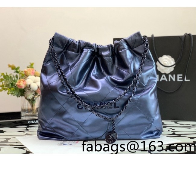 Chanel 22 Metallic Calfskin Medium Shopping Bag AS3261 Navy Blue 2022