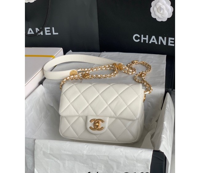 Chanel Grained Calfskin Small Flap Bag with Metal Coin AS3369 White 2022