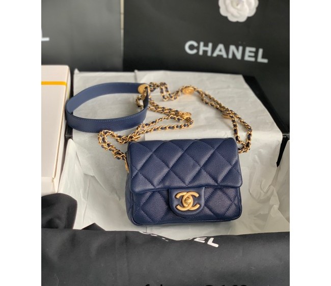 Chanel Grained Calfskin Mini Square Flap Bag with Metal Coin AS3368 Navy Blue 2022