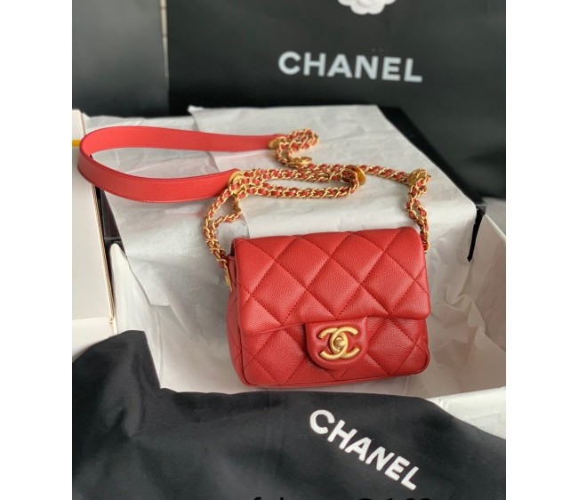 Chanel Grained Calfskin Mini Square Flap Bag with Metal Coin AS3368 Red 2022