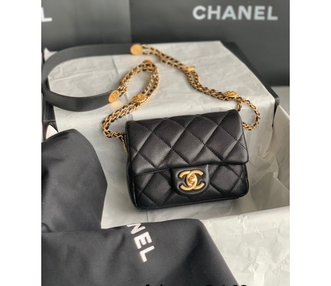 Chanel Grained Calfskin Mini Square Flap Bag with Metal Coin AS3368 Black 2022