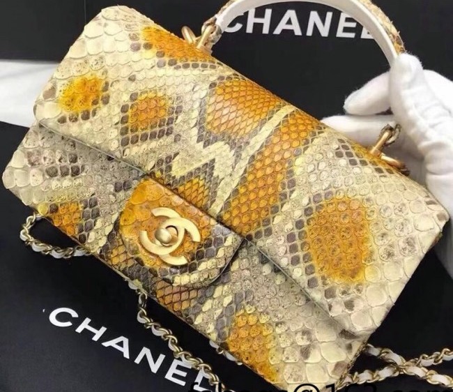 Chanel Python Embossed Mini Flap Bag with Top Handle AS2431 Yellow/Beige 2022 30