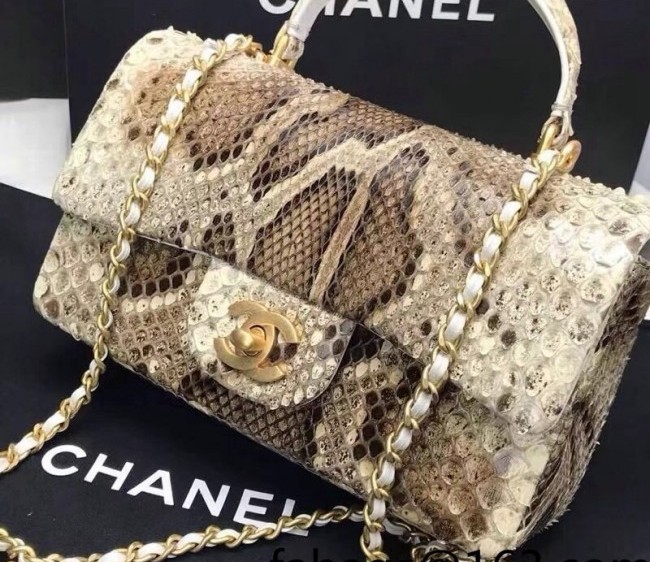 Chanel Python Embossed Mini Flap Bag with Top Handle AS2431 Brown/Beige 2022 29