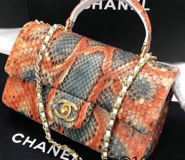 Chanel Python Embossed Mini Flap Bag with Top Handle AS2431 Orange/Gray 2022 28