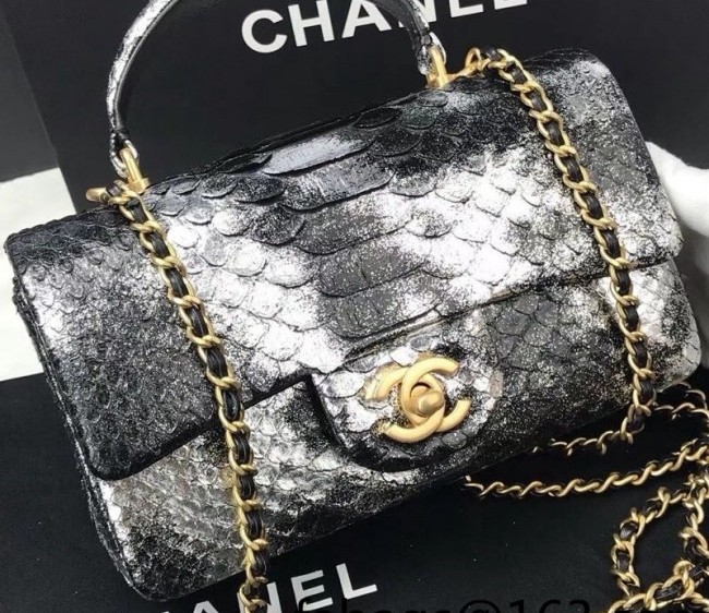 Chanel Python Embossed Mini Flap Bag with Top Handle AS2431 Black/Silver 2022 25