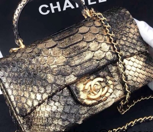 Chanel Python Embossed Mini Flap Bag with Top Handle AS2431 Gold 2022 23